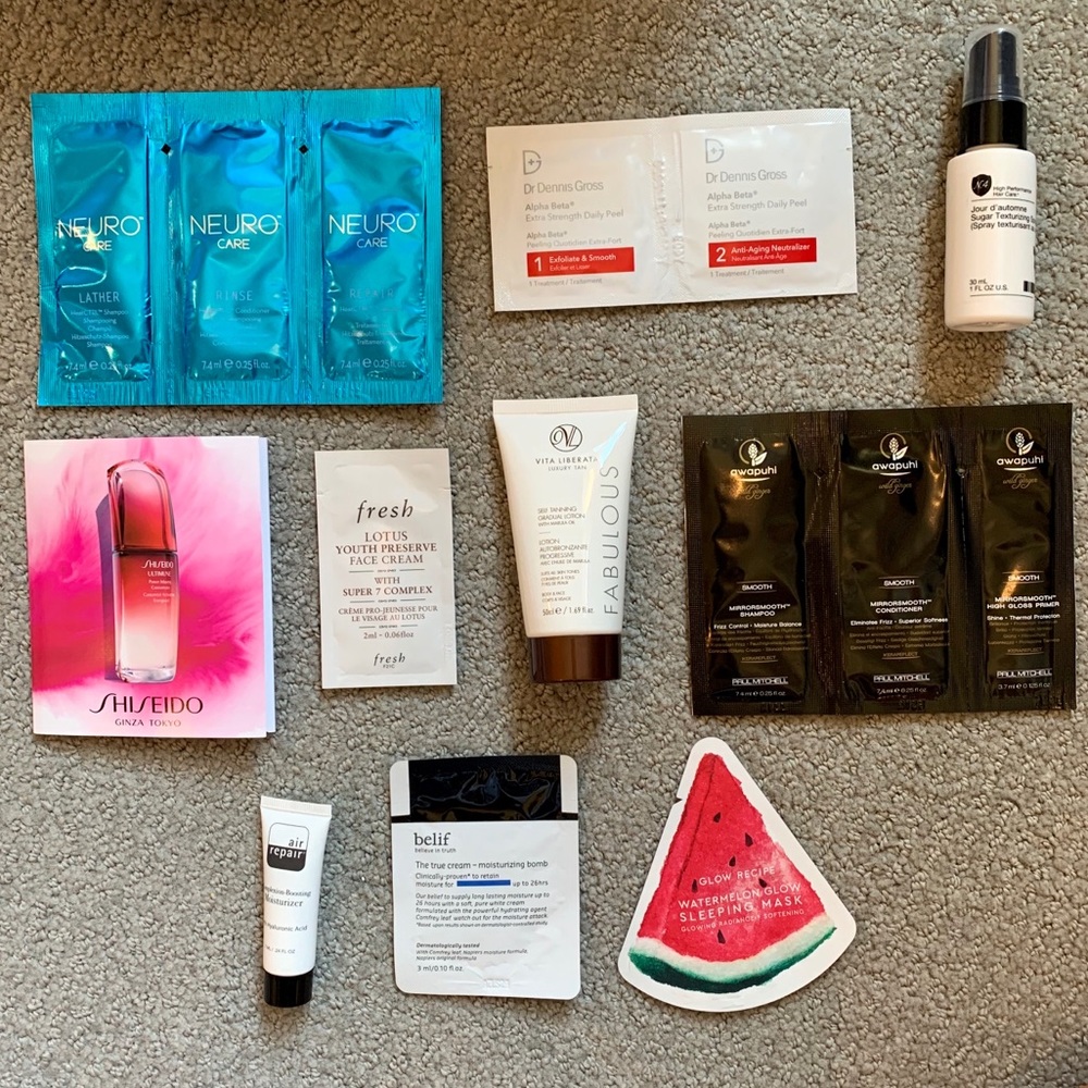 Skin/hair care sample bundle includes pouch